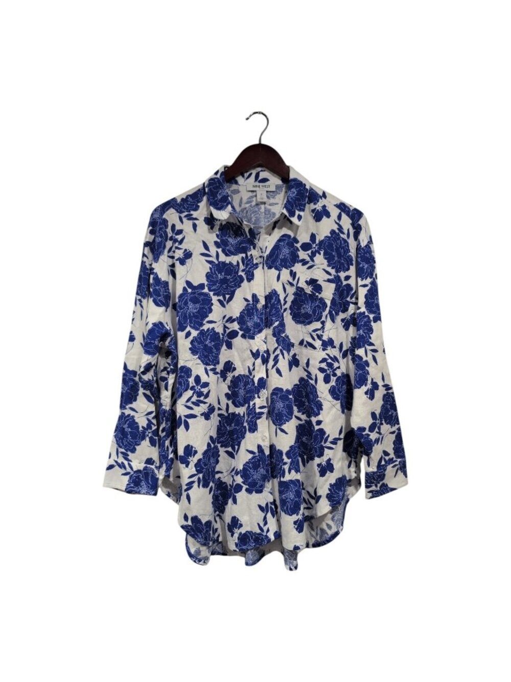 Nine West Blue Floral Linen Blend Button Down Shirt White Long Sleeve Top Sz M